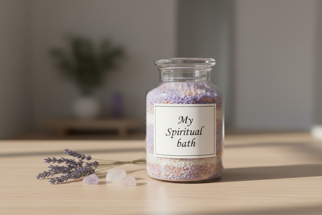 sel de bain dans un bocal avec ecrit sur l'étiquette My spiritual bath